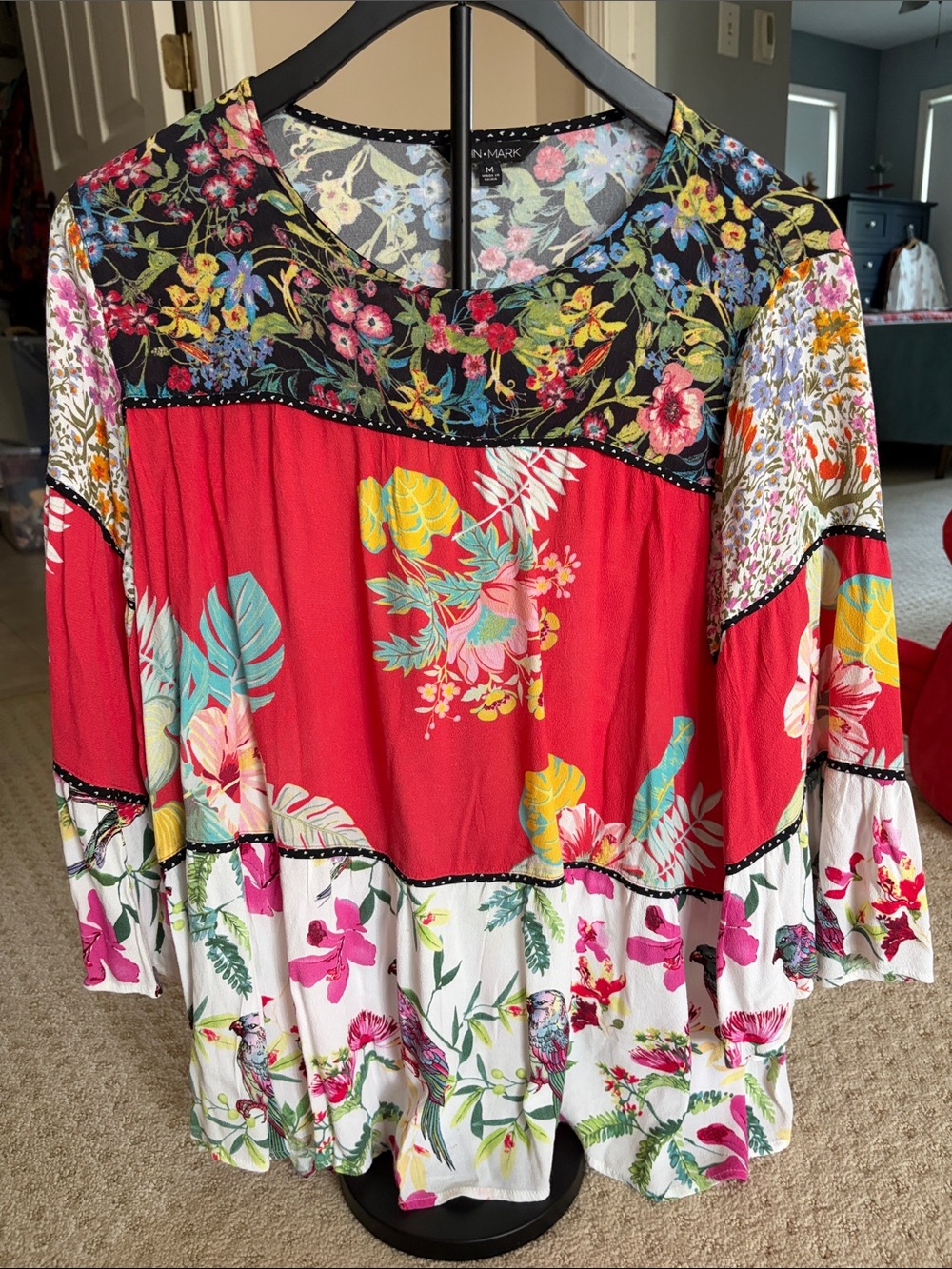 John Mark Red Multicolor Floral Patchwork Women's Blouse